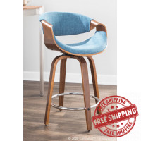 Lumisource B24-CRVNIR WLBU2 Curvini Mid-Century Modern Counter Stool in Walnut Wood and Blue Fabric - Set of 2